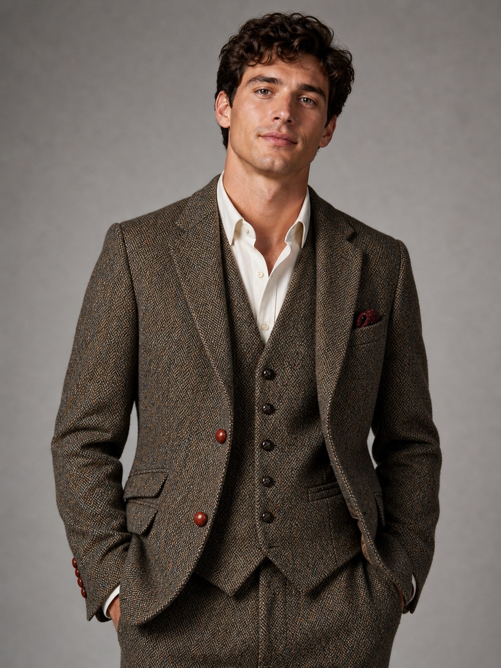 Harris Tweed Jacket 46L Waistcoat 46R Wool Blazer Vest Set Brown Herringbone